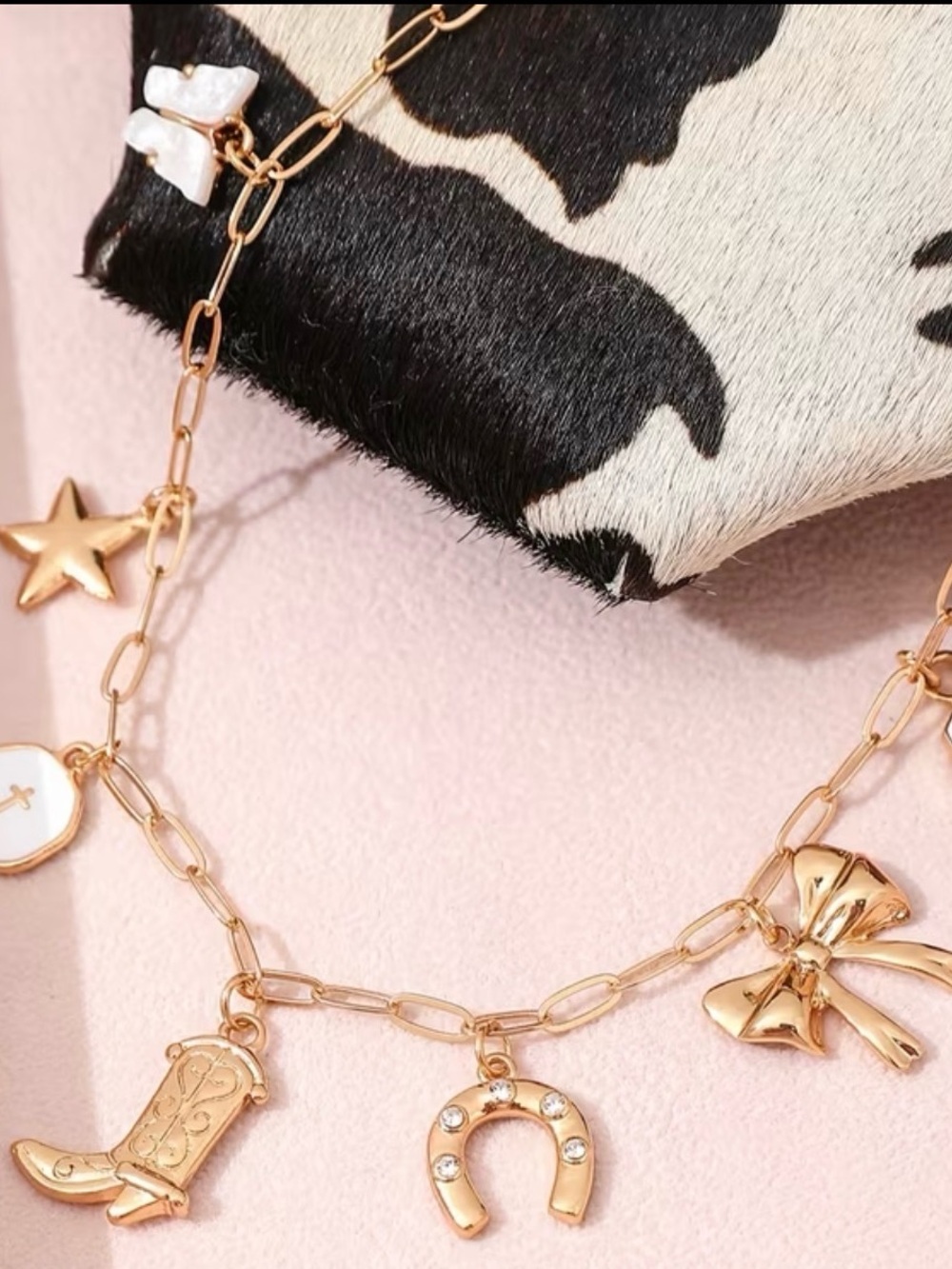 Gold Charm Necklace with Horseshoe, Bow and Star Charms